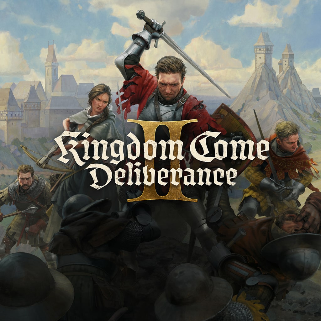 Promotional poster for Kingdom Come Deliverance 2 featuring a knight and medieval landscape.