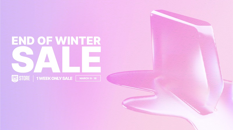 Promotional artwork for Epic Games Winter Sale 2025 featuring popular video game characters and a winter landscape.