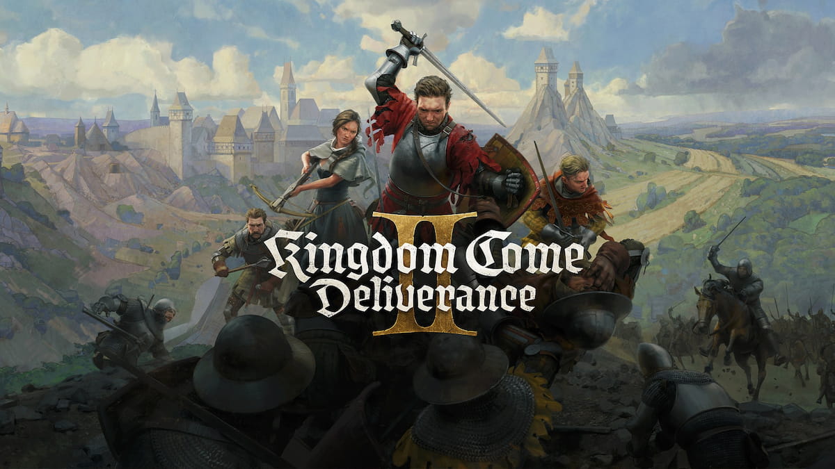 A digital artwork depicting a vibrant medieval landscape from Kingdom Come Deliverance 2, featuring a bustling village, knights, and a majestic castle under a warm sunset.