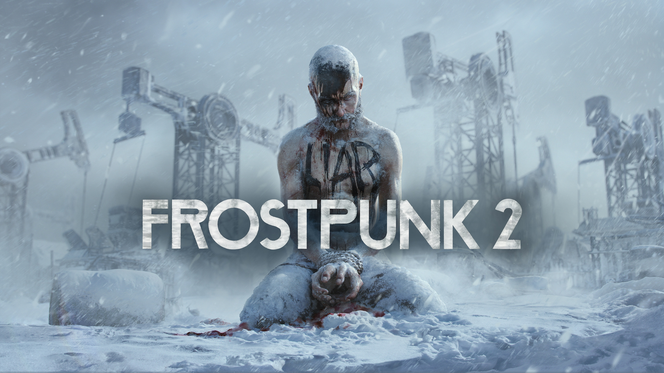 Digital artwork depicting a dystopian cityscape inspired by Frostpunk 2, showcasing a winter landscape with industrial buildings and diverse characters in a survival scenario.