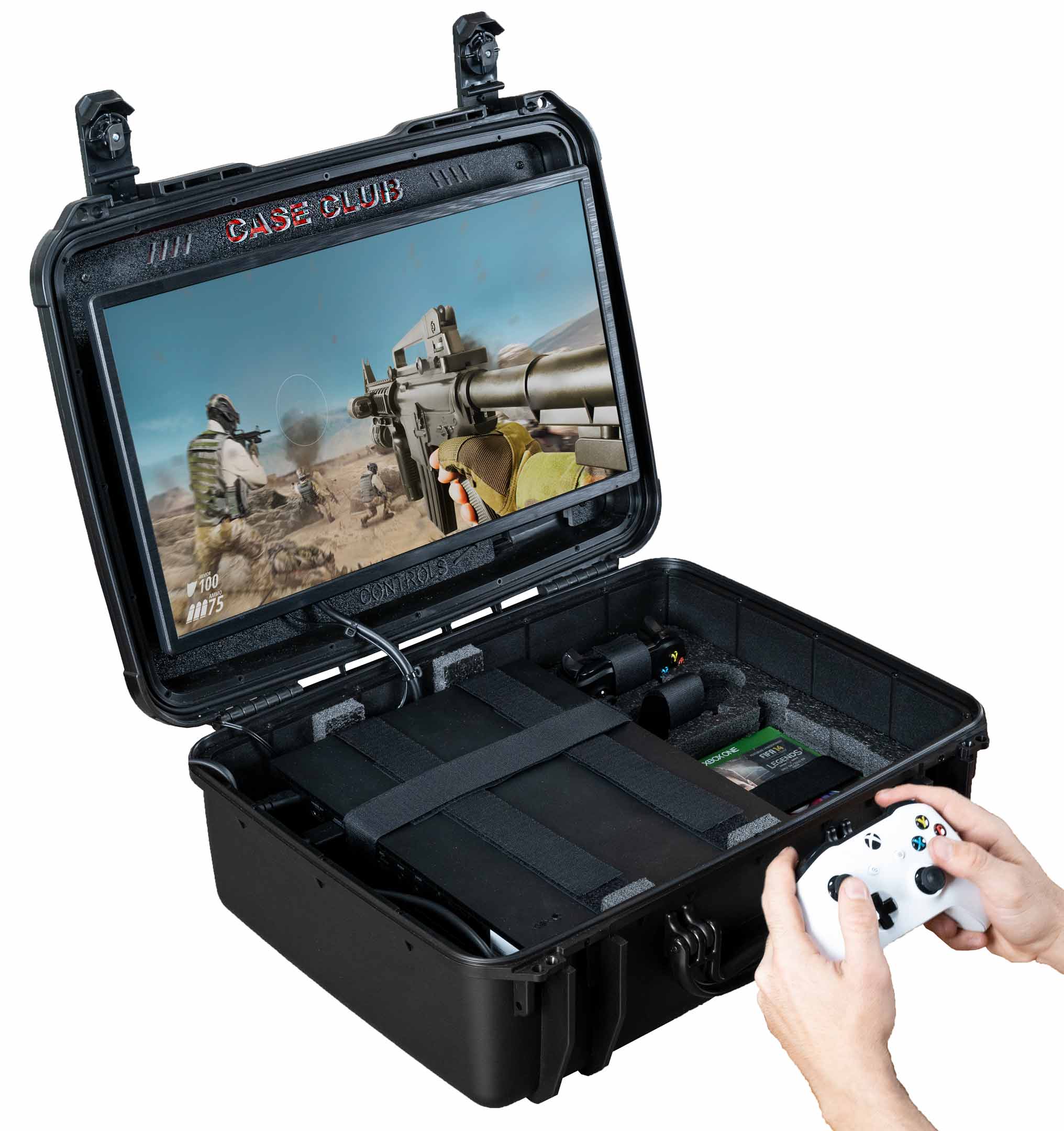 Futuristic Xbox portable gaming computer illustrated in a vibrant dynamic gaming setting.