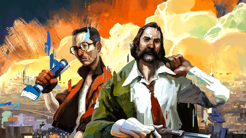 Concept art for the science fiction RPG game C4 by ZA/UM, showcasing a mysterious agent in a psychedelic urban landscape with themes of espionage and mental exploration.