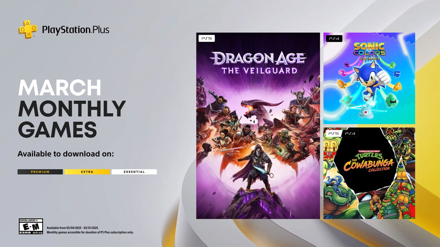 Digital artwork showcasing PlayStation Plus March 2025 game releases featuring Dragon Age, Sonic Colors, and Teenage Mutant Ninja Turtles.